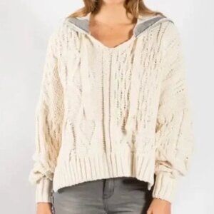 Elan Cream Grey Color Block Tierra Cable Knit Hoodie Sweater Medium